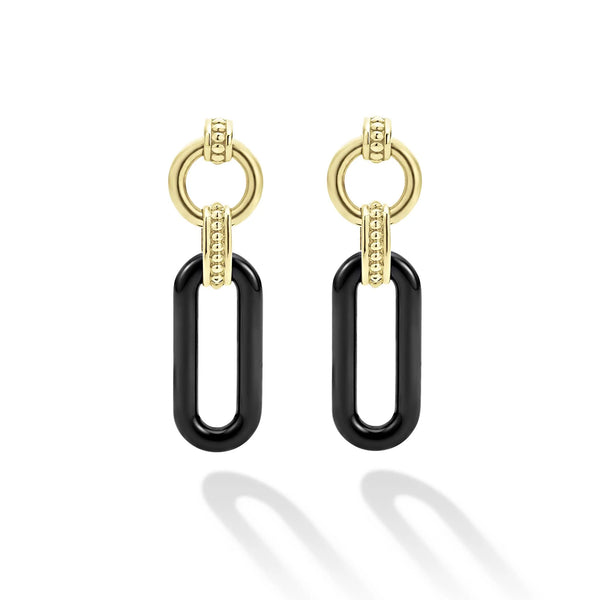 18K Gold and Black Ceramic Link Drop Earrings