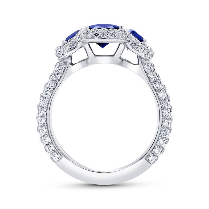 3-Stone-Halo Emerald Cut Blue Sapphire Ring