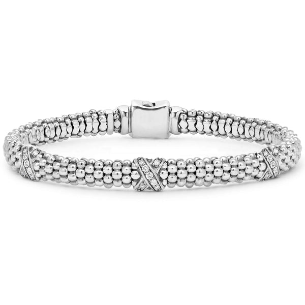 Three Station Silver X Diamond Bracelet | 6mm