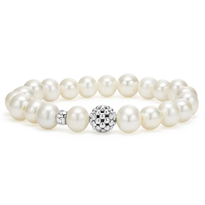 Pearl Silver Station Bead Bracelet