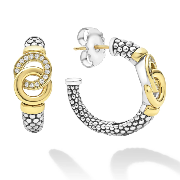 Two-Tone Interlocking Diamond Caviar Hoop Earrings