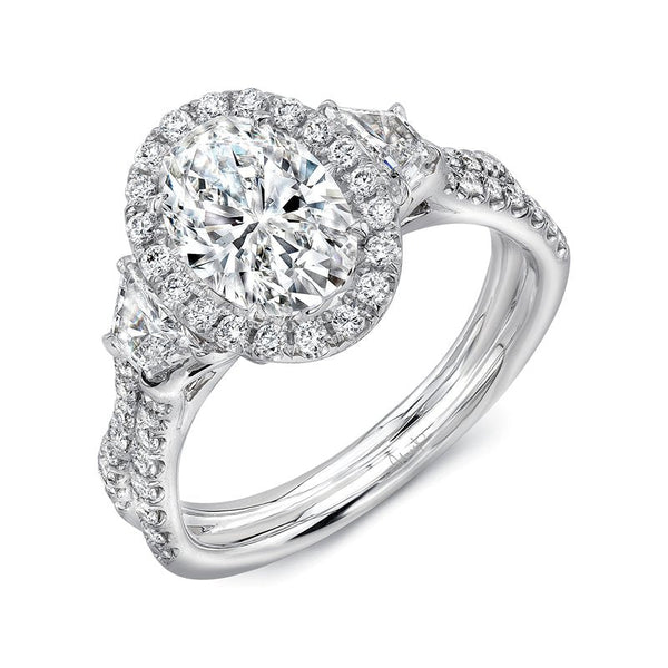 3-Stone-Halo Oval Shaped Engagement Ring