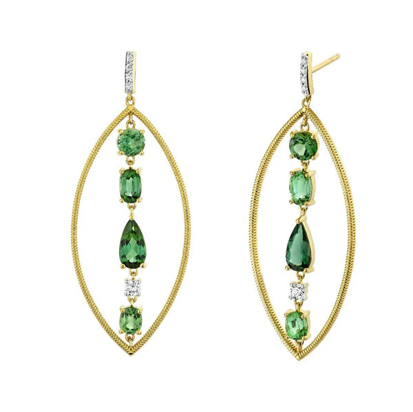 Marquis Frame Earrings With Green Tourmaline And Diamond Center