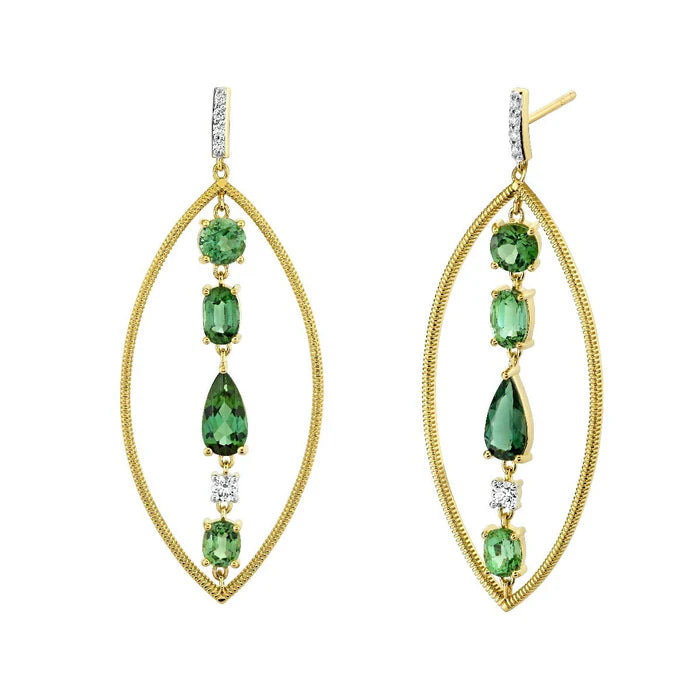 Marquis Frame Earrings With Green Tourmaline And Diamond Center