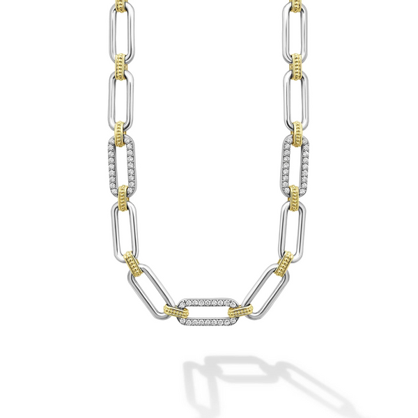 Two-Tone Link Three Station Diamond Necklace