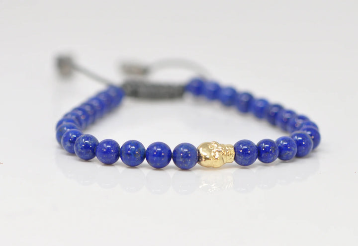 Beaded Pull Bracelet With Blue Lapis and Gold Skull Detail