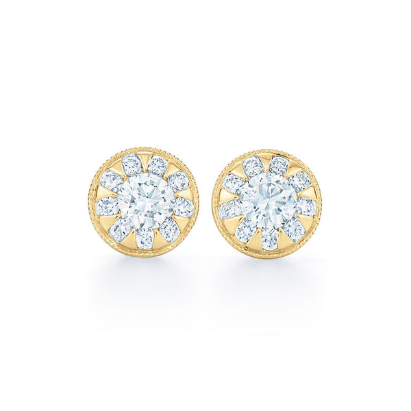 Sunburst Round Diamond Stud Earrings with a Milgrain Edge