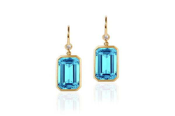 Blue Topaz Emerald Cut & Diamond Earrings on Wire