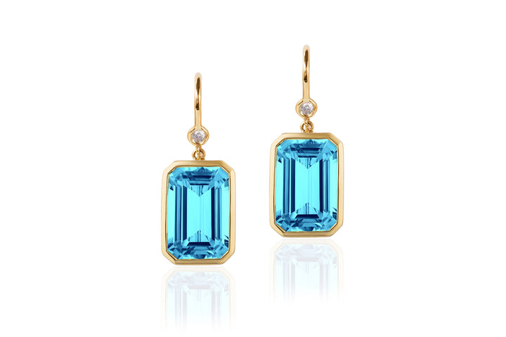 Blue Topaz Emerald Cut & Diamond Earrings on Wire