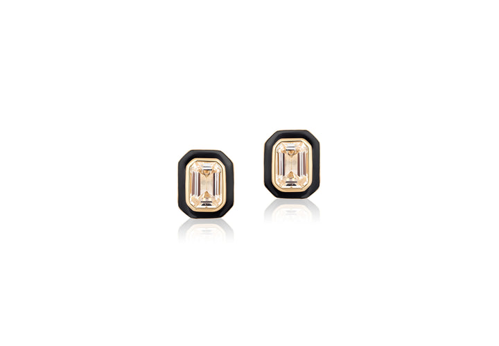 Rock Crystal Emerald Cut Stud Earrings with Black Enamel