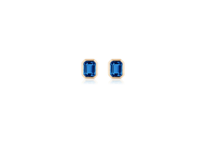 London Blue Topaz Emerald Cut Bezel Set Stud Earrings