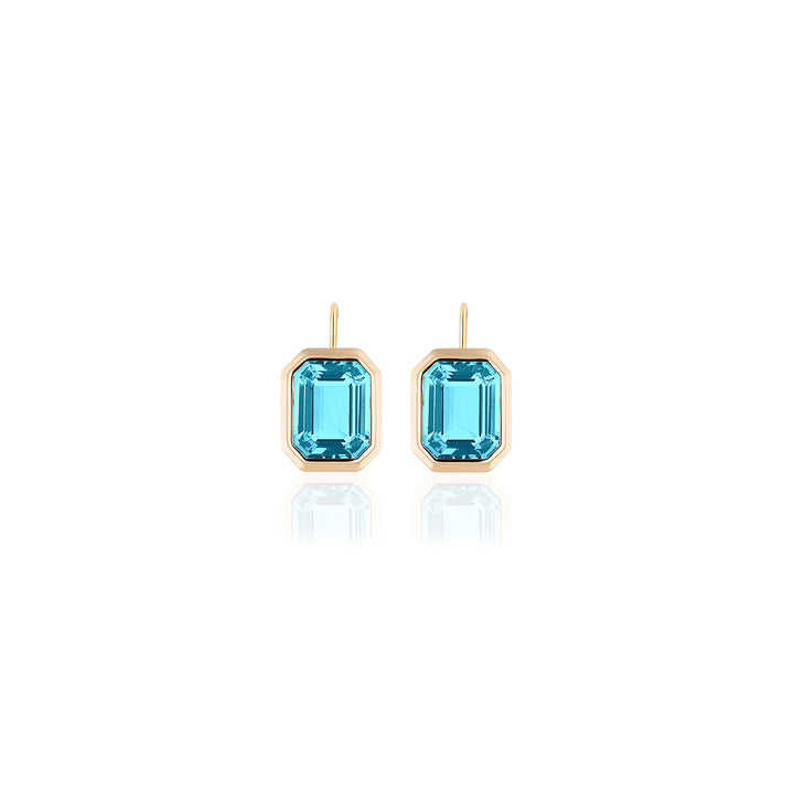 Blue Topaz Emerald Cut Bezel Set Earrings