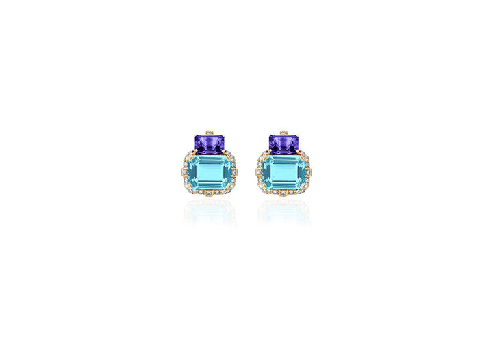 2 Stone Blue Topaz and Tanzanite Earrings with Diamonds