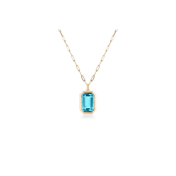 Blue Topaz Emerald Cut Bezel Set Pendant