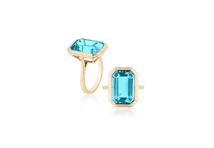 Blue Topaz Emerald Cut Bezel Set Ring