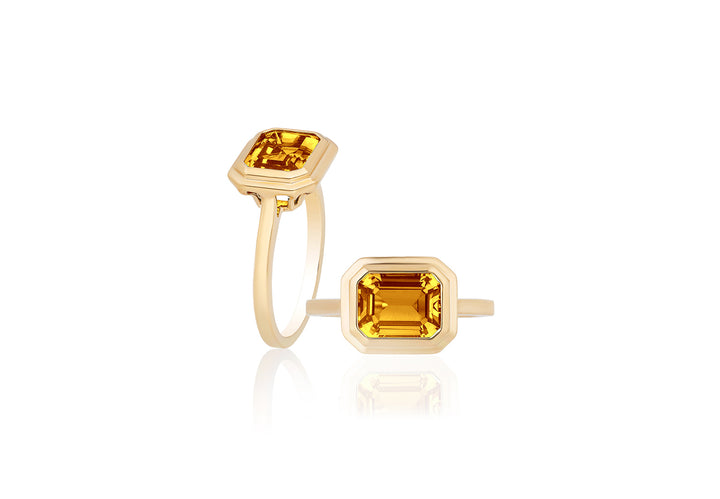 Citrine Emerald Cut Bezel Set Ring