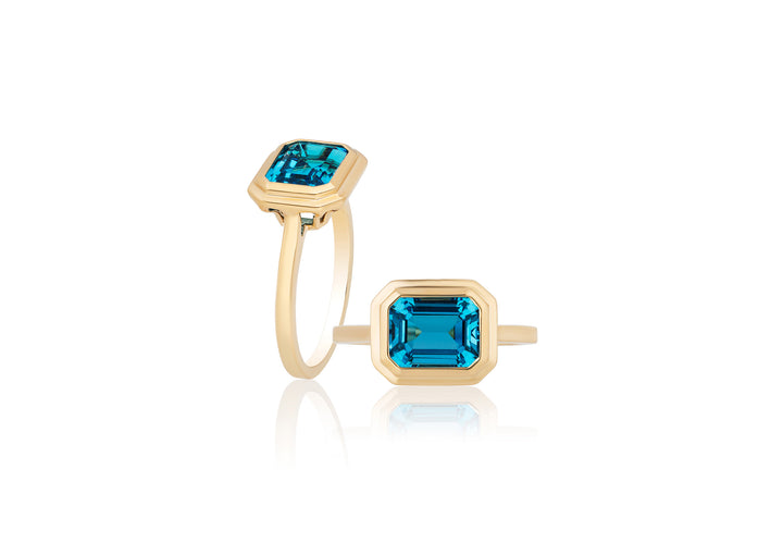 London Blue Topaz Emerald Cut Bezel Set Ring