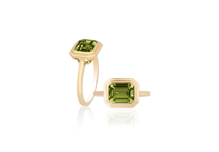 Peridot Emerald Cut Bezel Set Ring