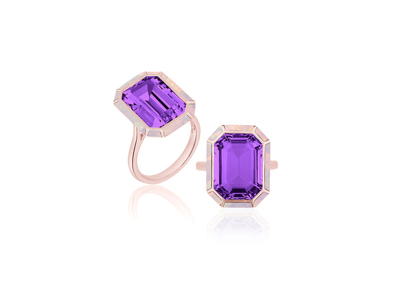 Amethyst with Pink Opal Inlay Emerald Cut Ring