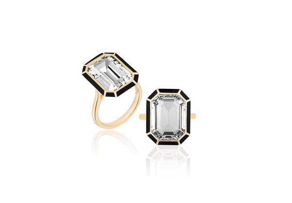 Rock Crystal with Onyx Inlay Emerald Cut Ring