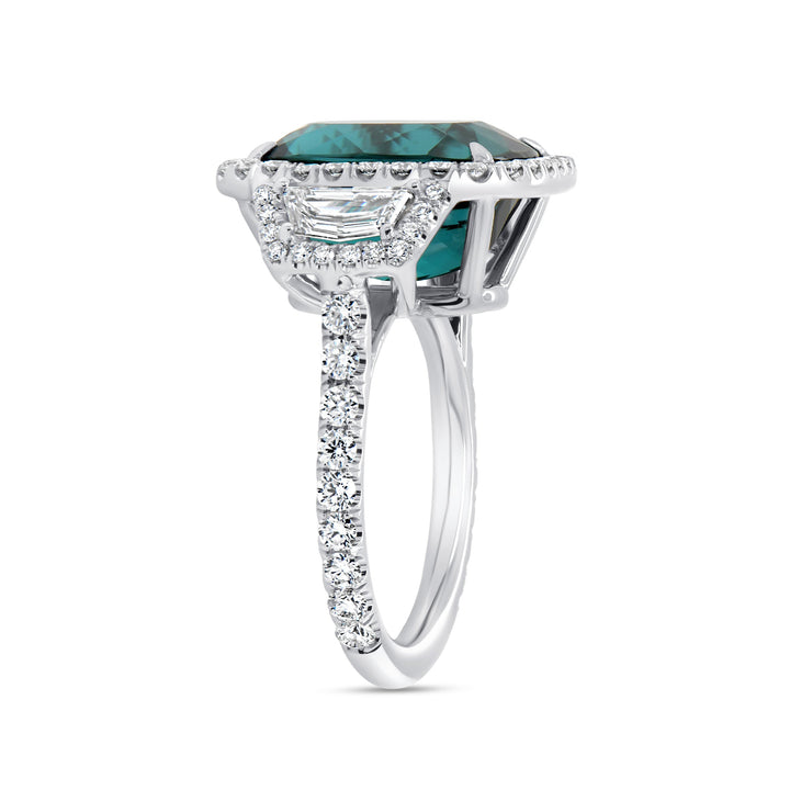 Three-Stone Cushion Cut Green Tourmaline Ring