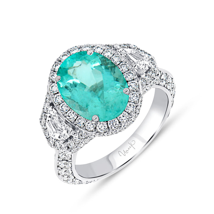 3-Stone-Halo Oval Shaped Paraiba Engagement Ring