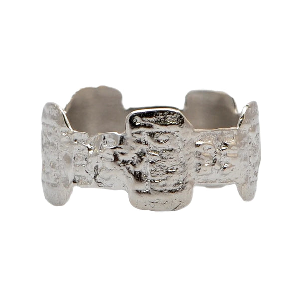 Sterling Silver double-square carved artifact wide band ring.