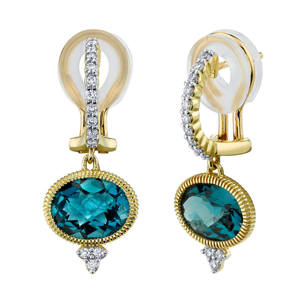 Bezel Set London Blue Topaz Drop Earrings with Diamonds