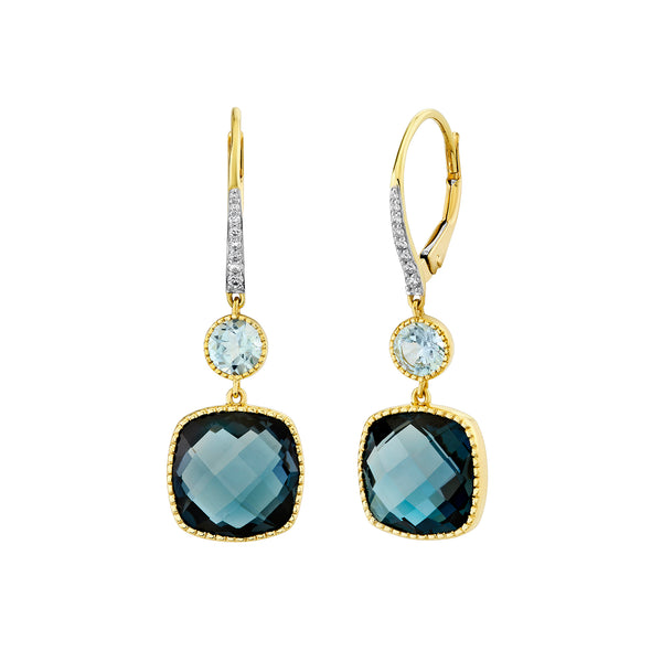 London Blue and Sky Blue Topaz Drop Earrings with Diamond Detail