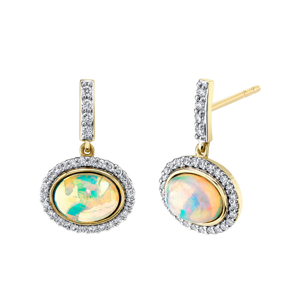 Bezel Set Ethiopian Opal Drop Earrings with Diamonds