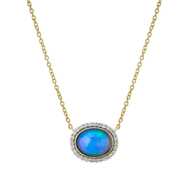 Bezel Set Ethiopian Opal Pendant With Diamond Halo