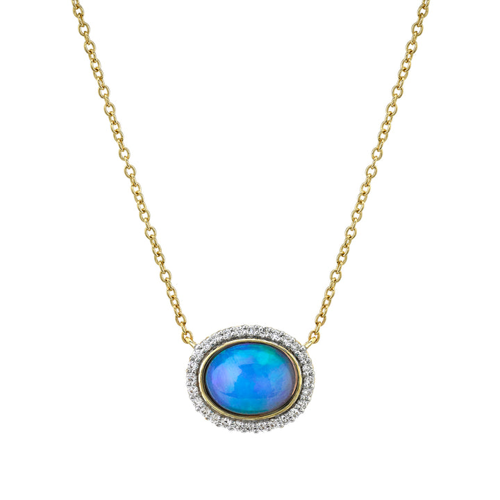 Bezel Set Ethiopian Opal Pendant With Diamond Halo
