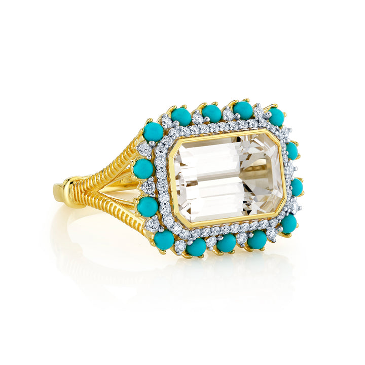 White Topaz Ring with Turquoise & Diamond Halo Ring