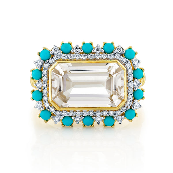 White Topaz Ring with Turquoise & Diamond Halo Ring