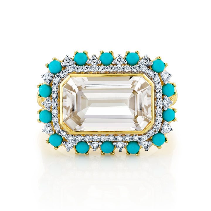 White Topaz Ring with Turquoise & Diamond Halo Ring