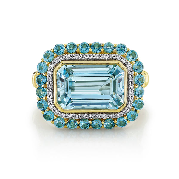 Sky Blue Topaz Ring with Swiss Blue Topaz & Diamond Halo