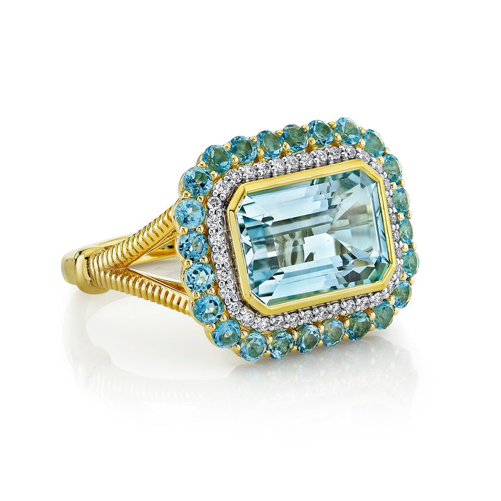Sky Blue Topaz Ring with Swiss Blue Topaz & Diamond Halo