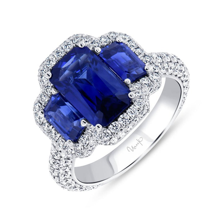 3-Stone-Halo Emerald Cut Blue Sapphire Ring