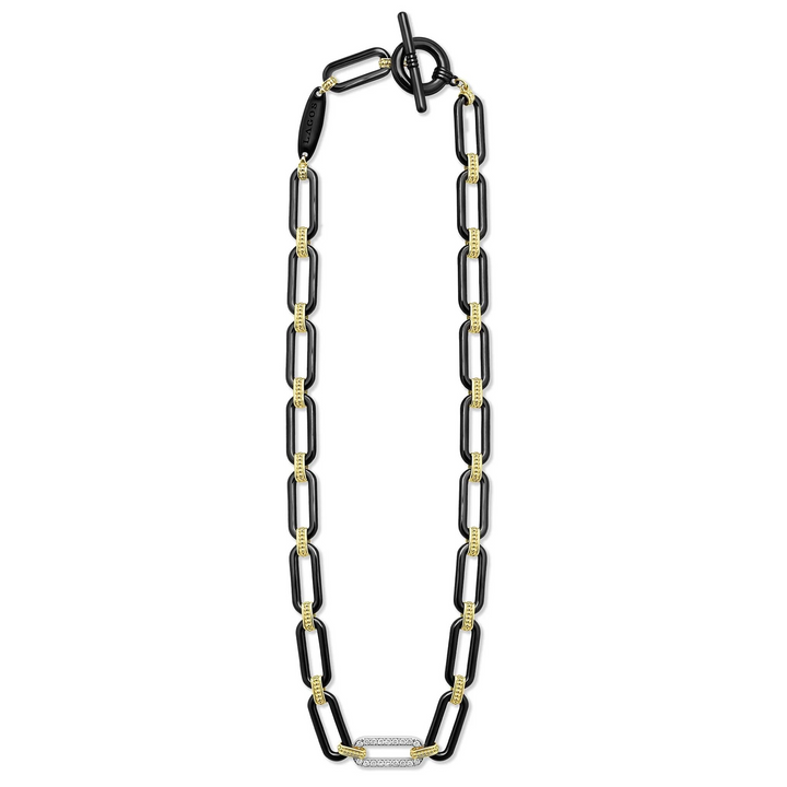 18K Gold and Black Ceramic Diamond Station Link Necklace