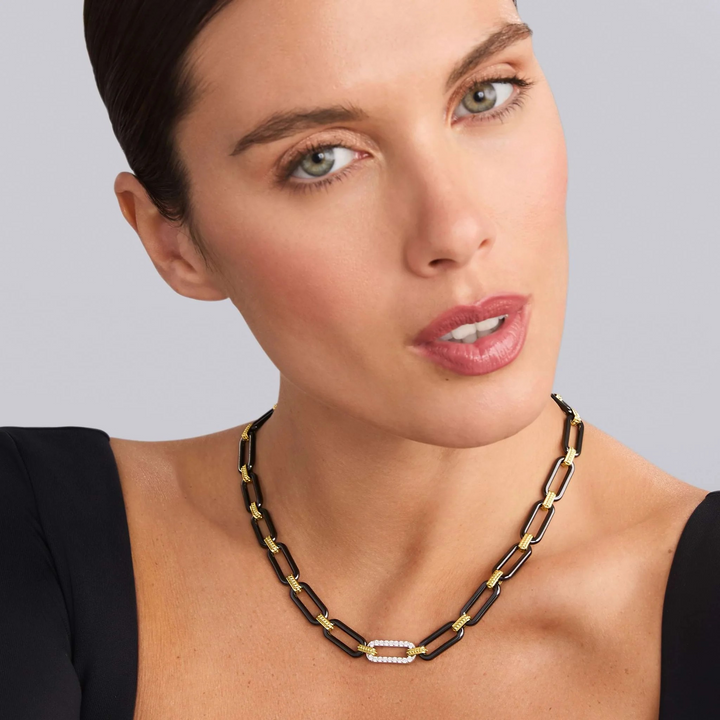 18K Gold and Black Ceramic Diamond Station Link Necklace