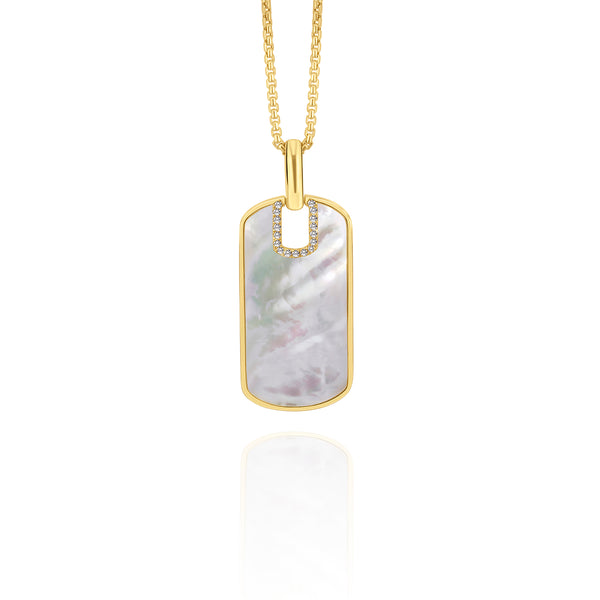 14K gold, Mother-of-pearl and 0.13ctw diamond tag pendant.