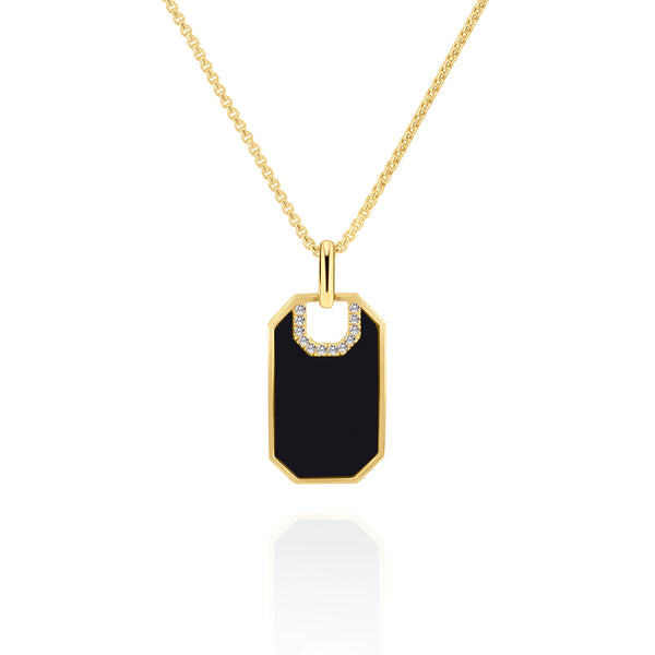 14K gold, Black Onyx and 0.08ctw Diamond Tag Pendant