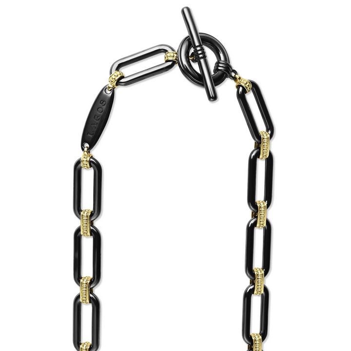 18K Gold and Black Ceramic Three Diamond Station Link Necklace