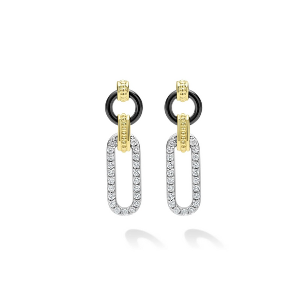 18K Gold and Black Ceramic Diamond Link Drop Earrings