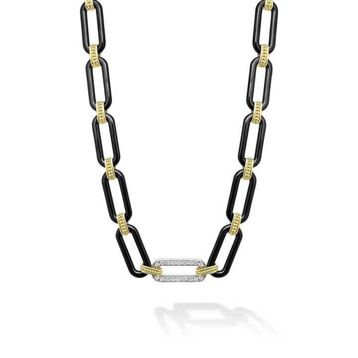 18K Gold and Black Ceramic Diamond Station Link Necklace