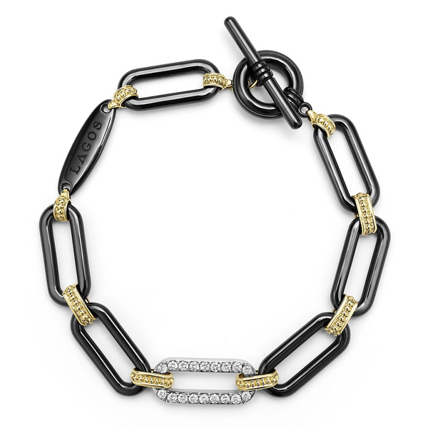 18K Gold and Black Ceramic Diamond Station Link Bracelet | 10mm