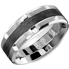 14K White Gold and Black Forged Carbon Fiber Bevel Cut Wedding Band