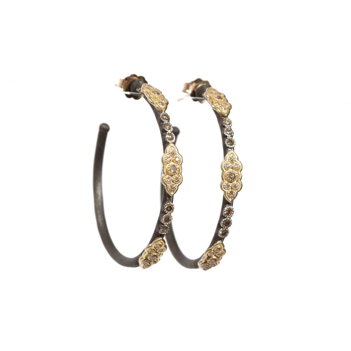 Small Diamond Hoop Earrings with Carved Scroll Detail