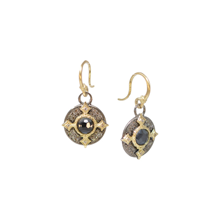 Diamond Pave Shield Drop Earrings with Hematite/Quartz Doublet Center Stone