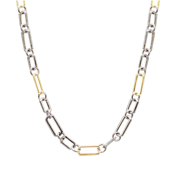 18k yellow gold and sterling silver paperclip link chain necklace with toggle closure.